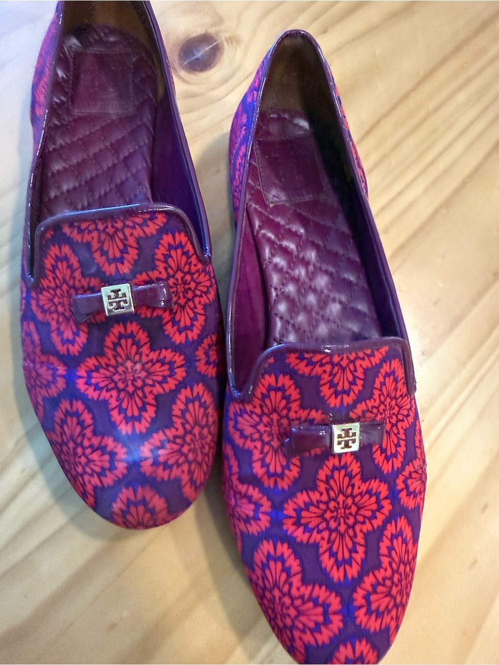 Tory Burch Red and Purple Patterned Slip-On Loafers